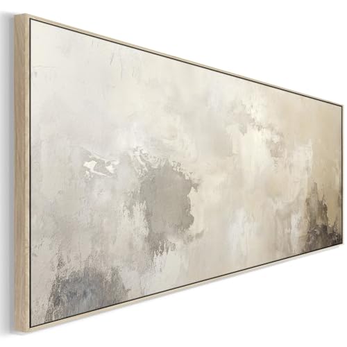 Wallfillers Wide Beige Neutral Framed Artwork on Canvas Abstract Panoramic for Bedroom (143 x 52cm)