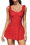 SHEKINI Einteiliger Badeanzug Damen Rüschen Design Niedriger Kragen Verstellbar Ruched Bauchweg Baderock Cut Out Badekleid Damen(S,Rot)
