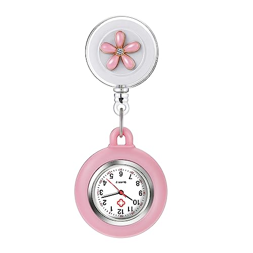 AGEN KGEN Nurse Watch for Nurses Doctors Clip on Hanging Nurse Watches Fine Retractable Fob Watch Portable Pocket Watch Lapel Watch Pink Flowers (Pink 2)