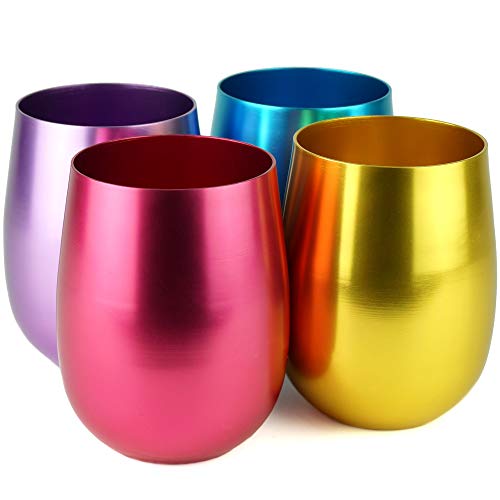 Clw Aluminum Stemless Wine/Old Fashion Glass, Set Of 4, 4-Color In A Set (Purple/Blue/Pink/Gold), 16Oz (Medium) #TOP6