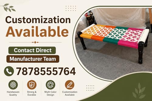 Image of Handwoven Wooden Bench | Traditional Rope Charpai Stool | Solid Wood Frame Seating for Living Room, Balcony & Outdoor | Durable & Stylish Design (Multicolor Finish)