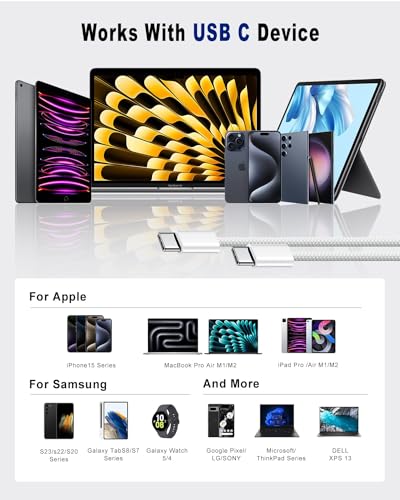 Image of Mizi 60W USB C to USB C Cable (3.3feet), Fast Charging for iPhone 16 /15 Series, Galaxy S24 /S23, iPad Pro /Air, MacBook Pro /Air and More - White