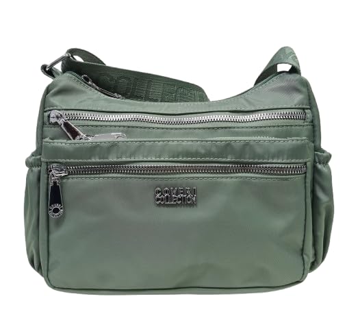 COVERI COLLECTION Bolso bandolera de nailon, 3 compartimentos, ligero, múltiples bolsillos con cremallera, art. 5050-4 Dimensiones 26 x 20 x 10 cm, verde claro