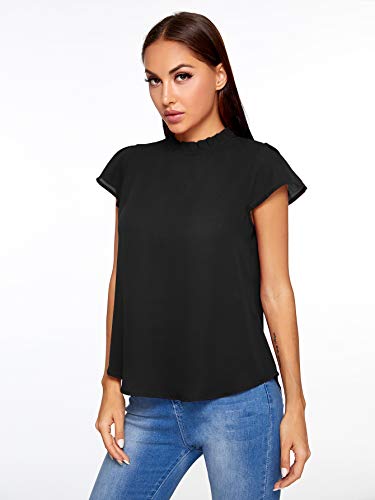 Romwe Women's Elegant Short Sleeve Mock Neck Workwear Blouse Top Shirts Black Solid S #TOP5