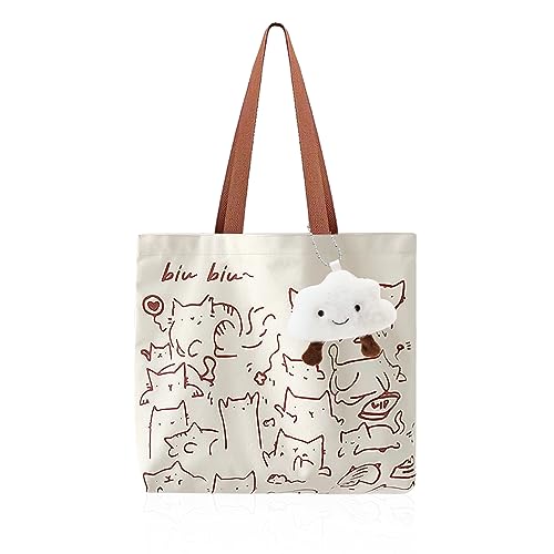 1 bolsa de lona con 1 colgante de nube de felpa, bolso de hombro de gran capacidad, bonito bolso de mano, bolsa de la compra con diseño de gato, bolsa de ocio plegable, ideal para viajes, picnics,