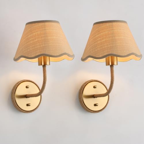 Image of Rattan Wall Sconce, Boho Hand-Woven Gold Wall Light, Set of 2