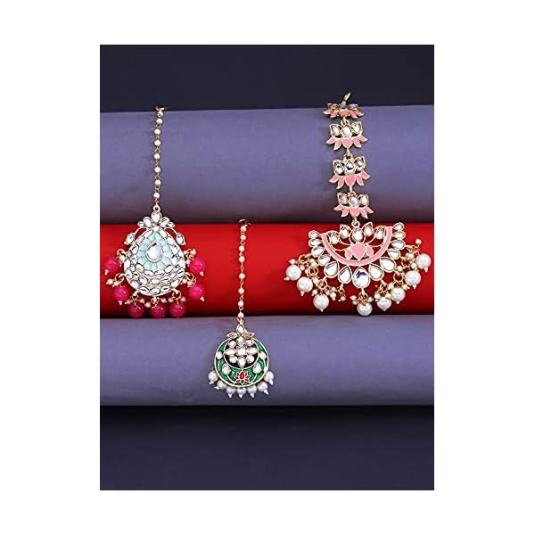 Yellow Chimes Combo of Traditional Gold Plated Studded Kundan Beads Design Ethnic Maang Tikka for Women and Girls - Image 4