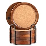 WLWNWFT Wood Cork Coasters for Drinks Absorbent with Holder, Large Wooden Coaster for Coffee Table, Cork Coaster for Wooden Table Decor New Home Gifts Mom's Day - Rustic 4.72Inch