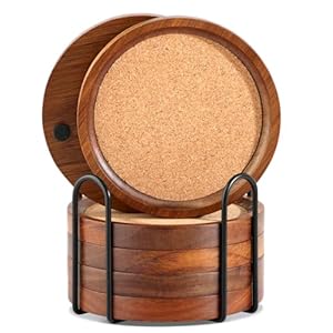 WLWNWFT Wood Cork Coasters for Drinks Absorbent with Holder, Large Wooden Coaster for Coffee Table, Cork Coaster for Wooden Table Decor New Home Gifts Mom’s Day – Rustic 4.72Inch