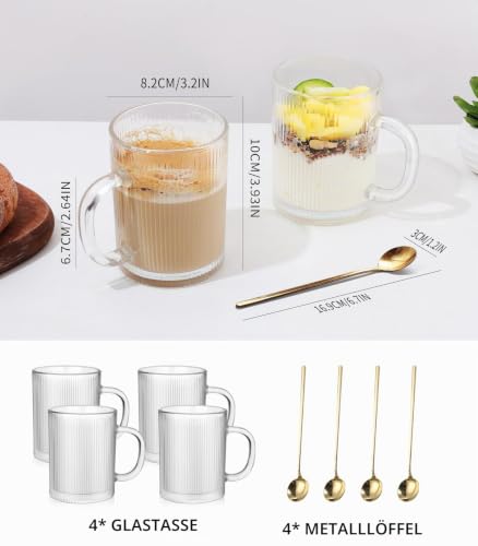 Anhow 4er Cappuccino Tassen, 350ml Latte Macchiato Gläser mit Löffel Gläser Geriffelt Espresso Tassen Set Kaffeegläser für Latte/Cappuccino… – Ansicht 5