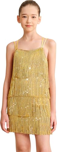 Mulnall Vestito da ragazza latina con nappa scintillante, vintage, da ballo, per bambini, con frange lirice, gonna...