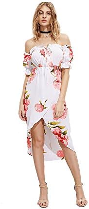 DressLily Women's Bohimian Off Shoulder V Neck Ruffle High Waist Floral Print Midi/Maxi Dress