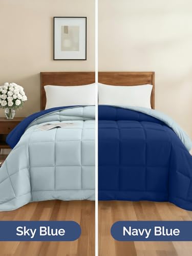 Image of Full Size, Navy Blue /SkyBlue Alternative Down Comforter - Warm, Lightweight & Breathable Hotel Quality Bedding Set for Men, Women, Kids & Teens - All Season Cooling Microfiber Duvet Insert Comforter