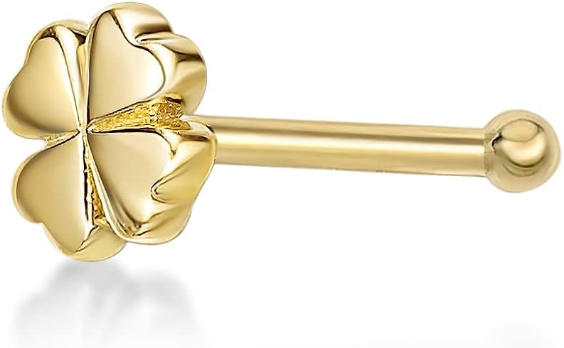 Lavari Jewelers 20 Gauge Straight Bone Four Leaf Clover Nose Stud for Women - 10k Yellow Gold Nose Ring - Unisex Stud Hypoallergenic Nostril Piercing Jewelry - 20G Body Piercing for Men