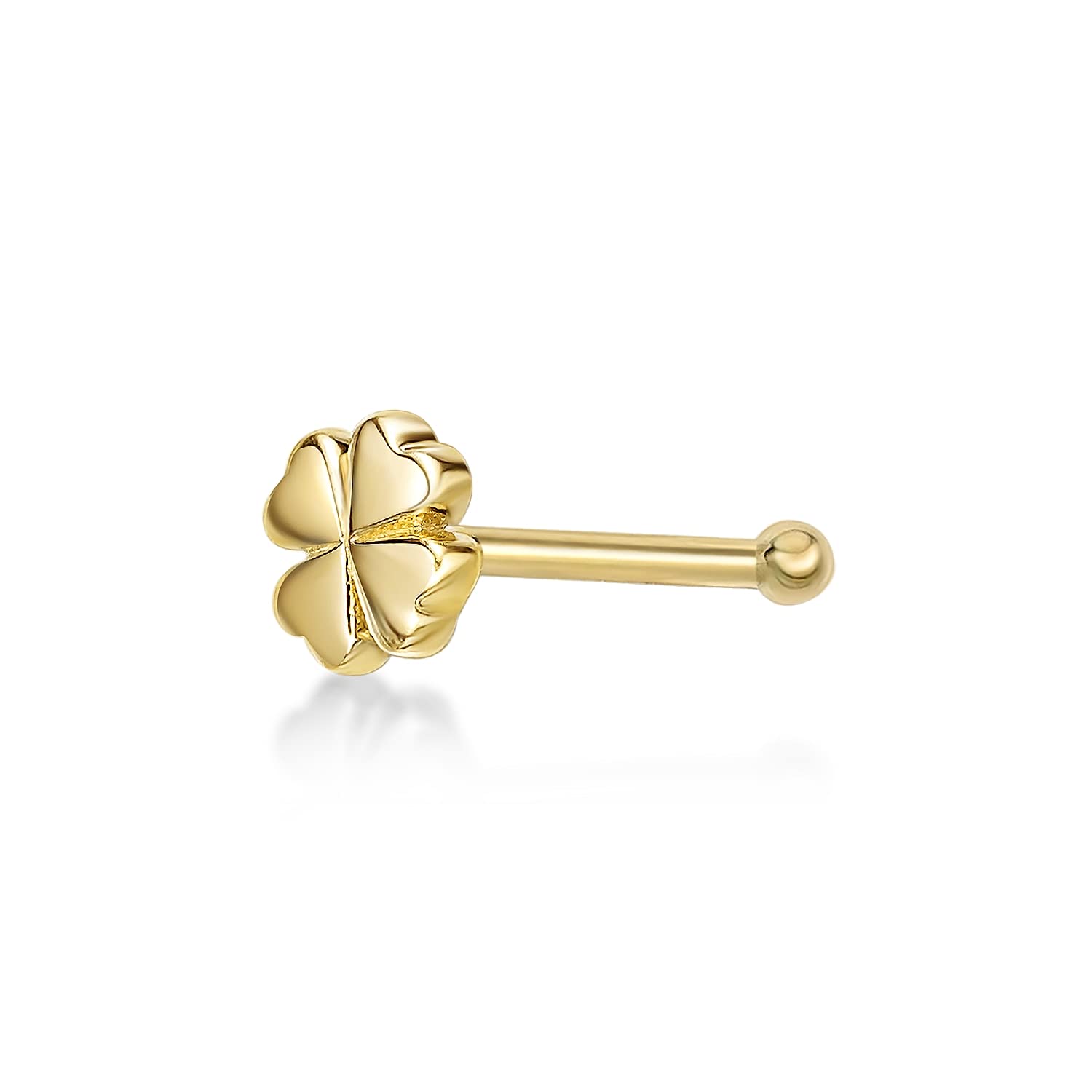 Lavari Jewelers20 Gauge Straight Bone Four Leaf Clover Nose Stud for Women - 14k Yellow Gold Nose Ring - Unisex Stud Hypoallergenic Nostril Piercing Jewelry - 20G Body Piercing for Men, Yellow Gold