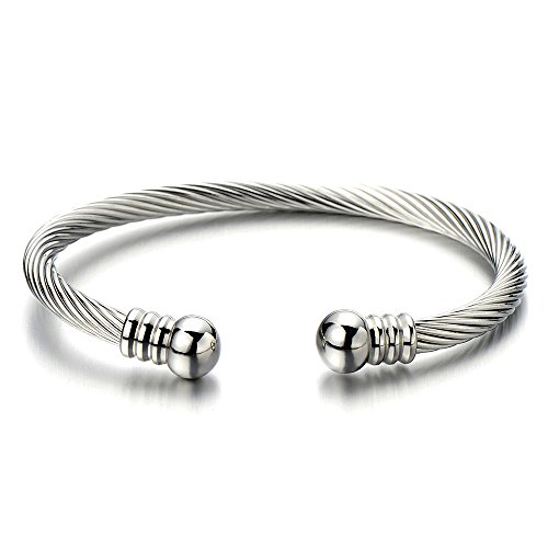 COOLSTEELANDBEYOND Elástica Ajustable, Pulsera de Hombre Mujer, Acero Inoxidable, Cable de Acero, Color de Plata, Espejo Pulido