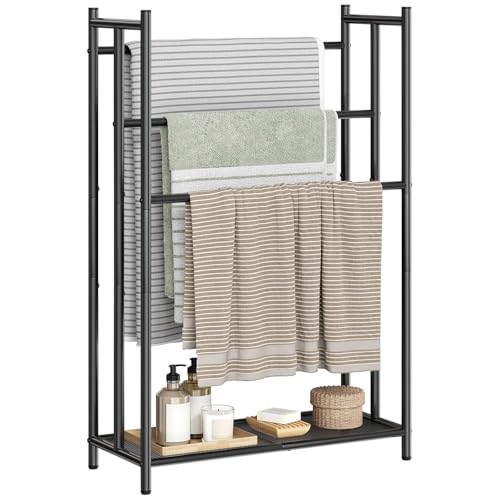 HOOBRO Freestanding Towel Rail,65 L x 29 W x 100 H cm, 3-Tier Towel Rack with Bottom Mesh & Adjustable Feet, Multi-Purpose Towel Storage Organizer for Bathroom, Bedroom, Living Room, Black EBK09LB01