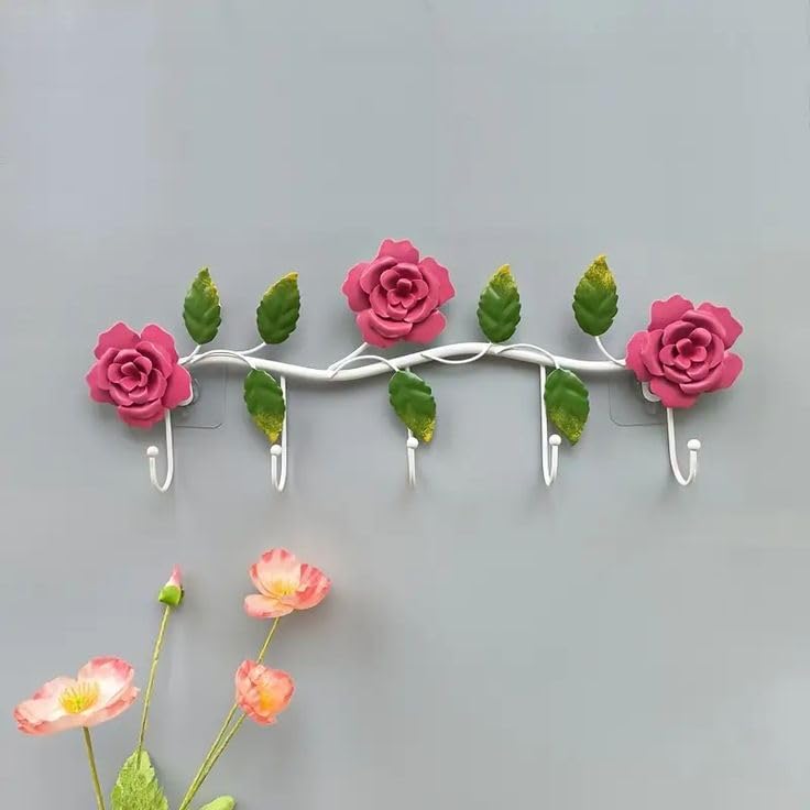 THING MAKER Floral Wall Hook Rack with Rose Design – 5 Hook Decorative Hanger for Keys, Bags, Towels & Accessories – Wall Mounted Organizer for Home, Kitchen & Entryway (Pink)