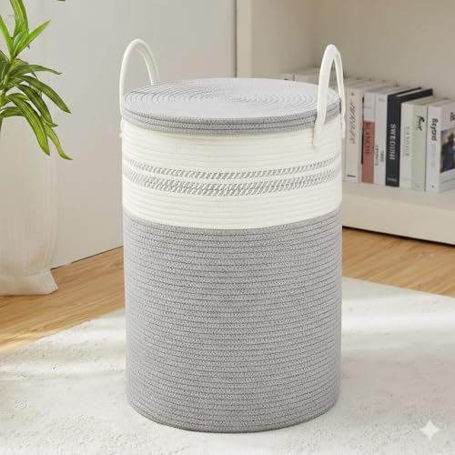 Image of Basket with Lid, 15 inch x 20 inch Woven Storage Basket for Blankets, Toys, Pillows, Towels, Living Room Bedroom Storage Bin, Round Rope Basket with Lid, Wicker Baskets for Organizing (BG3)