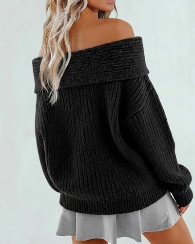 Image of Womens Off The Shoulder Sweater Fall Knitted Pullover Tops | Oversized Long Sleeve Loose Ribbed Knit Clothes, Sexy Elegant Going Out Tops, Cute Baggy Winter Outfits