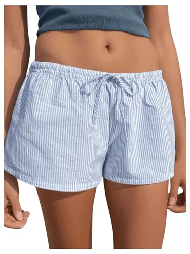Women's Striped Print Drawstring Elastic Waist Shorts Casual Wide Leg Low Rise Summer Boxer Shorts