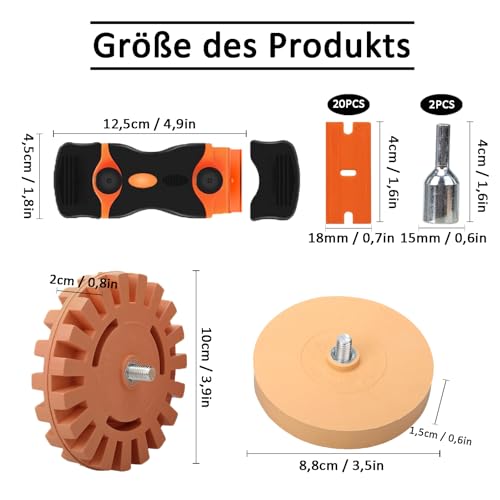 Folienradierer, Aufkleber Radiergummi, Folienradierer mit Adapter, Radierscheibe, Radierer Aufkleber Entferner, Schaber Kunststoff, Professionellen Entfernen von Folien und Kleberesten