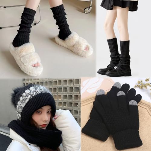 Winter Knit Hat, Scarf, Gloves and Leg Warmers Set, Warm Wool Blend, 3 Piece Gift Set for Women2