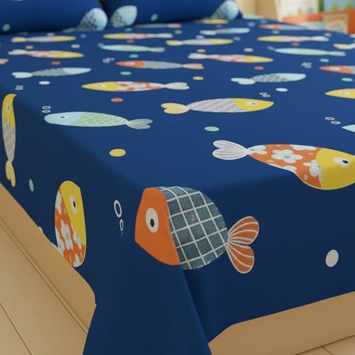 Image of Filymore Cute Fish Double Bed Sheet for Queen Size Bed with 2 Pillow Covers for Kids Bedroom 240 TC Made with Pure Microfiber, Color Blue and Yellow (90x90 inches)