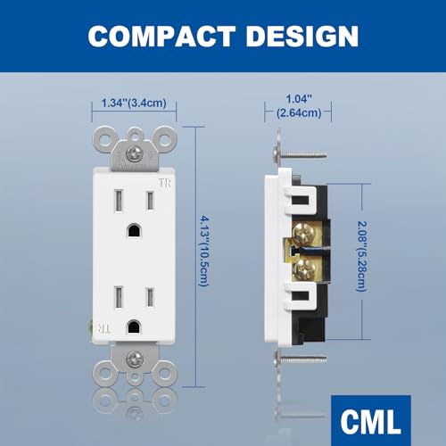 Image of CML 15 Amp Decorator Wall Recetpacle Outlet, 50 Pack Tamper Resistant (TR) Decor Standard Electrical Outlets, 15A /125V, 2 Pole 3 Wire, UL Listed, White