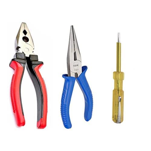 3-Piece Electrical Tool Kit Combo - Combination Plier, Long Nose Plier & Tester Screwdriver | Heavy Duty Steel Tools for Electrician, Home Repair