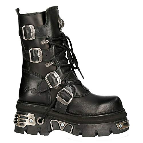 New Rock Unisex M.373-S4 Metallic Black 100% Leather Goth Biker Emo Fashion Reactor Boots