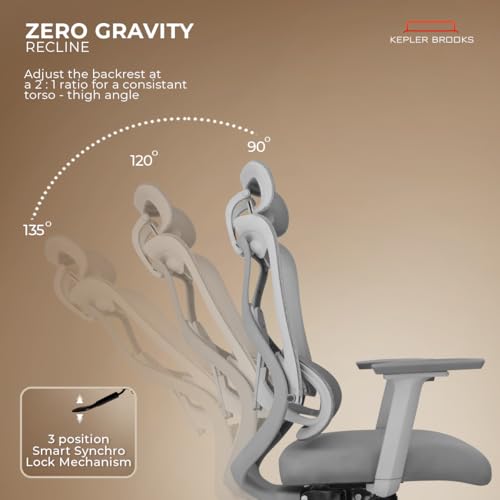 Image of Kepler Brooks Vogue Premium Office Chair for Work | 3-Yr Warranty | Ergonomic Office Chair, Study Chair, 2D Headrest, 3D Arms, Multi Lock Seat Slider with Heavy Duty Metal Base (Grey)