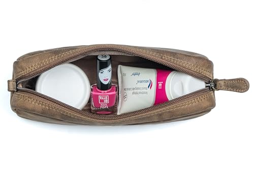 Image of Calfnero Genuine Leather Toiletry Bag for Men & Women | Premium Leather Travel-Pouch | Toiletry Organizer | Cosmetic & Shaving Kit Bag | Unisex Travel Dopp Kit (Hunter)