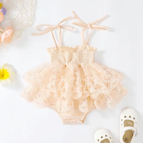 Newborn Baby Girl Romper Dress Sleeveless Tie Up Hem Lace Flower Embroidery Jumpsuit Infant Summer Clothes2