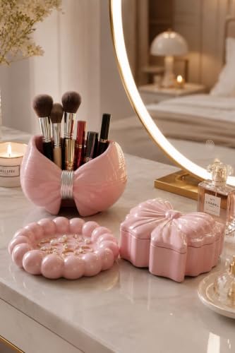 Dekoratif 3'lü Pembe Set, Düzenleyici Çok Amaçlı Saklama Kutusu, Pembe Şekerlik, Kapaklı Mumluk, Makyaj Organizeri, Ev Hediyesi, Takı, Sunumluk