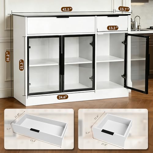 Image of Buffet Cabinet with Drawers, Buffet Storage Cabinet with Transparent Glass Doors, Kitchen Supplies Storage Cabinet, Wooden Coffee Bar Table for Dining Room,Living Room Entrance, White