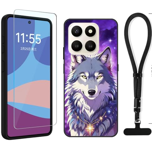YonderYM Compatible for Honor X7D 4G Case,with Screen Protector & Wrist Strap Lanyard Shockproof Protective Case Cover Wolf