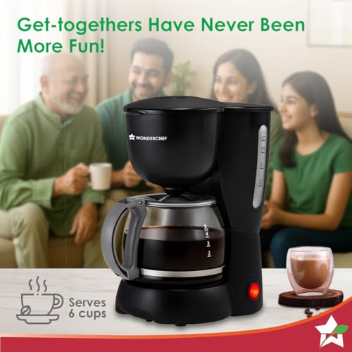 Image of Wonderchef Veneto Brew Coffee Maker | Drip Coffee | 4 Cups Coffee | 600 ml Borosilicate Glass Carafe with Hot Plate | Anti - Drip|Auto Shut Off | Reusable Conical Filter | 550 W|Black| 2 Year Warranty