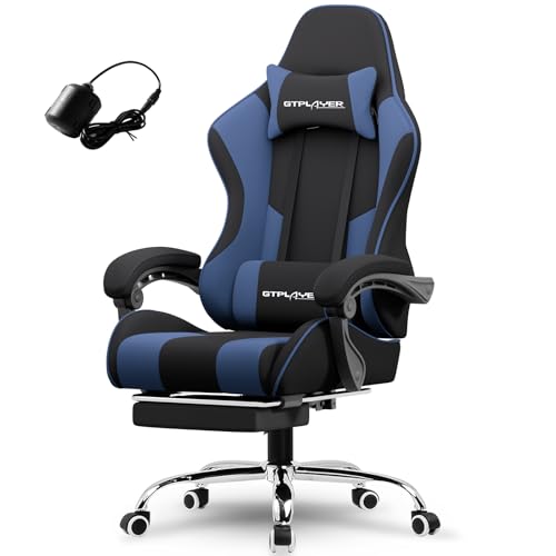 Image of GTPLAYER Gaming Chair, Computer Chair with Footrest and Lumbar Support, Height Adjustable Game Chair with 360-Swivel Seat and Headrest and for Office or Gaming (Blue, Fabric)