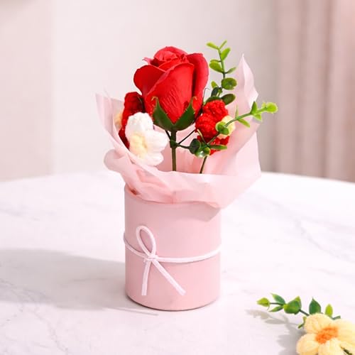 Image of Art Street Artificial Rose & Knitted Daisy Flower Bouquet in Pink Box - Handmade Decorative Floral Arrangement for Home Decor, Mothers Day Gifting, Office Table, & Anniversary