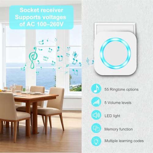 AIMAX Sonnette sans fil étanche fonctionnant à 400 m de long - Fonctionne à piles - 55 mélodies - 5 volumes au choix - LED - Blanc – vue 2