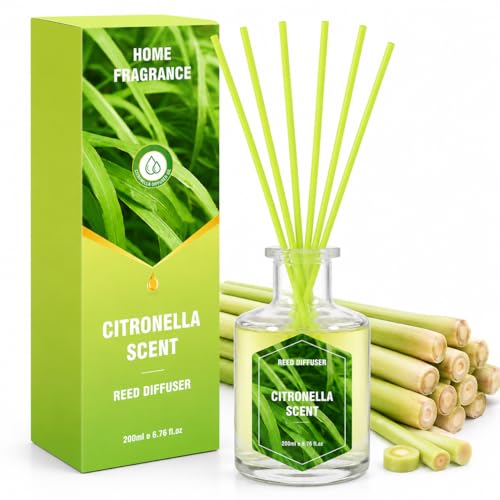 Image of STRN Lemongrass Reed Diffusers, Citronella Reed Diffuser Set, 200ML with 6 Sticks for Summer Indoor Outdoor, Bathroom, Bedroom, Office, Home Decorations Refreshing Scent Diffuser 6.8 fl.oz
