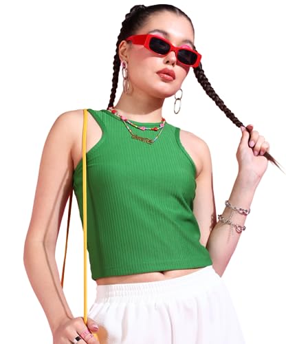 Image of POPWINGS Women Casual Green Rib Tank Crop Top Tops for Women | Stylish Tops for Women | Trendy Tops Women