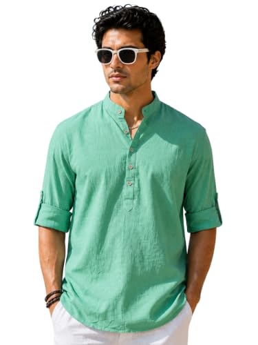 Image of Majestic Man Men's Pure Cotton Solid Mandarin Collar Slim Fit Roll-Up Sleeves Short Kurta Lightweight Summer Kurta for Daily & Occasion Use