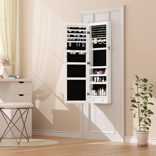 Elevon 6 LEDs Jewelry Cabinet Organizer, 47.2-inch Jewelry Armoire with Full-Length Mirror, Wall or Door Mounted Jewelry Storage, Lockable Large Capacity Storage, White - Image 8