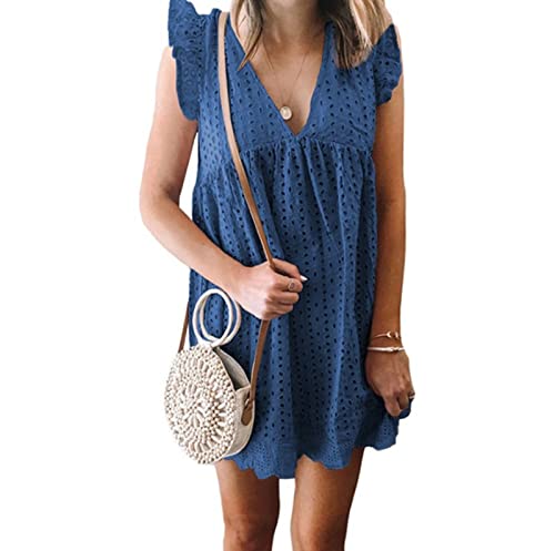 Vestido de Verano de Manga Corta para Mujer Vestido Casual con Pantalones Cortos incorporados Vestido con Cuello en V Manga con Volantes Encaje Jacquard Color sólido Vestido Suelto con Bolsillos Cover