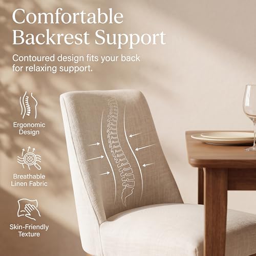 Image of HNY Modern Dining Chairs Set of 6 with Comfortable Back Support, Farmhouse Soft Linen Upholstered Kitchen Dining Room Chairs with Solid Wood Legs, Armless Accent Side Chairs for Living Room, Beige