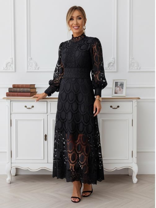 Pink Lace Dresses for Women Elegant Boho Floral Embroidery Long Sleeve Wedding Guest Bridal Party Cocktail Maxi Dress