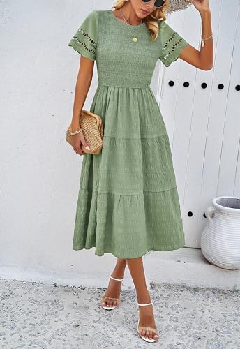 Image of Sumleno 2026 Women's Summer Midi Dresses Short Sleeve Smocked Tiered Dress Vacation Beach Wedding Guest Elegant Boho Sundress