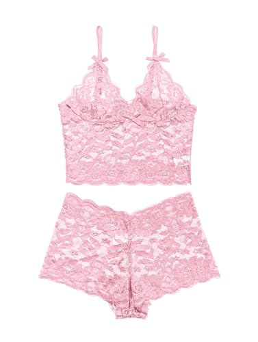Image of Lilosy Sexy Sheer Floral Lace Pajamas Lingerie Set High Waist Sleepwear Bra and Panty 2 Piece Nightwear